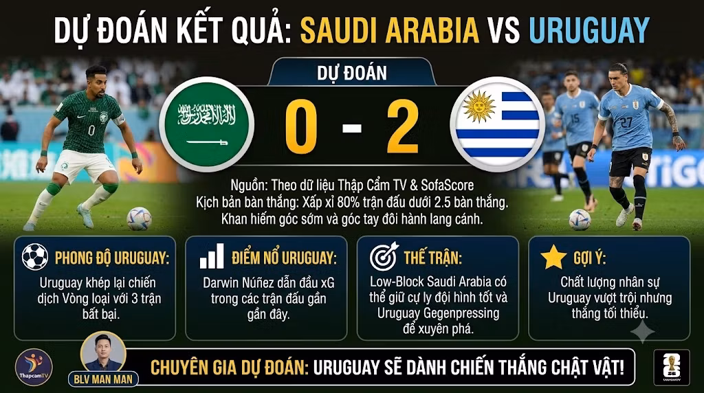 Giới chuyên môn và BLV Man Man dự đoán kết quả tỷ số trận đấu Saudi Arabia vs Uruguay dựa trên dữ liệu phong độ và thông số kỹ thuật.