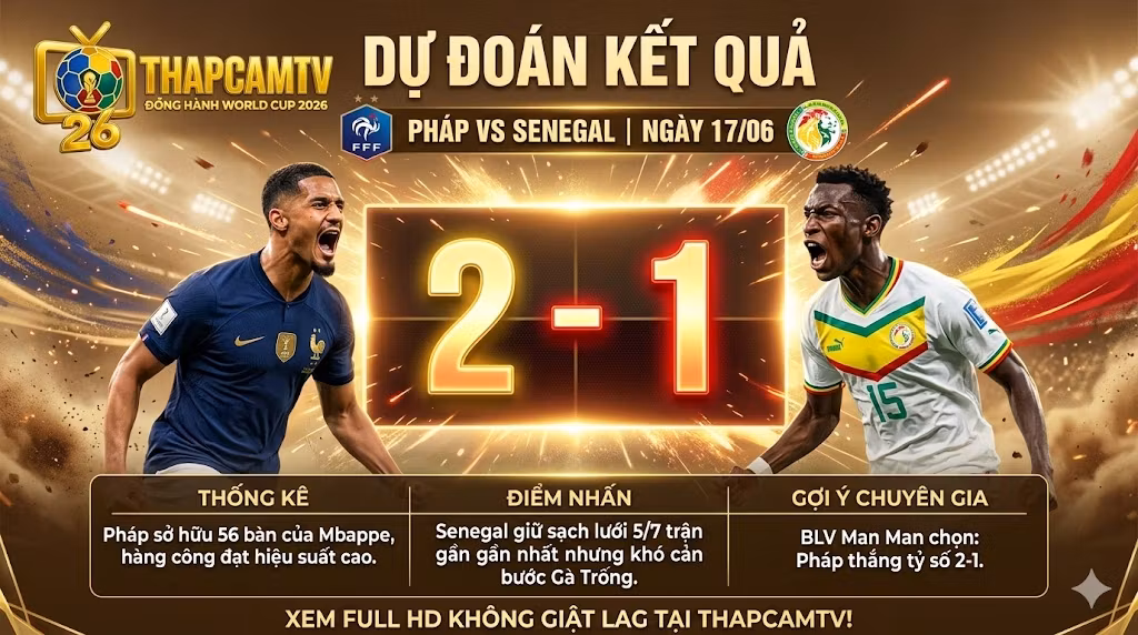 Chuyên gia BLV Man Man dự đoán kết quả tỷ số Pháp 2-1 Senegal, đánh giá thống kê sức mạnh hàng công tuyển Pháp và hàng thủ kỷ luật của Senegal.