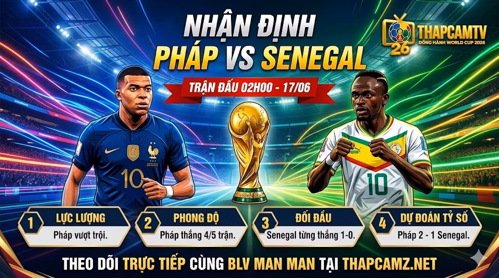 Hình ảnh nhận định trận đấu Pháp vs Senegal lúc 02h00 ngày 17/06 bảng I World Cup 2026, dự đoán tỷ số 2-1 cùng BLV Man Man trên ThapcamTV.